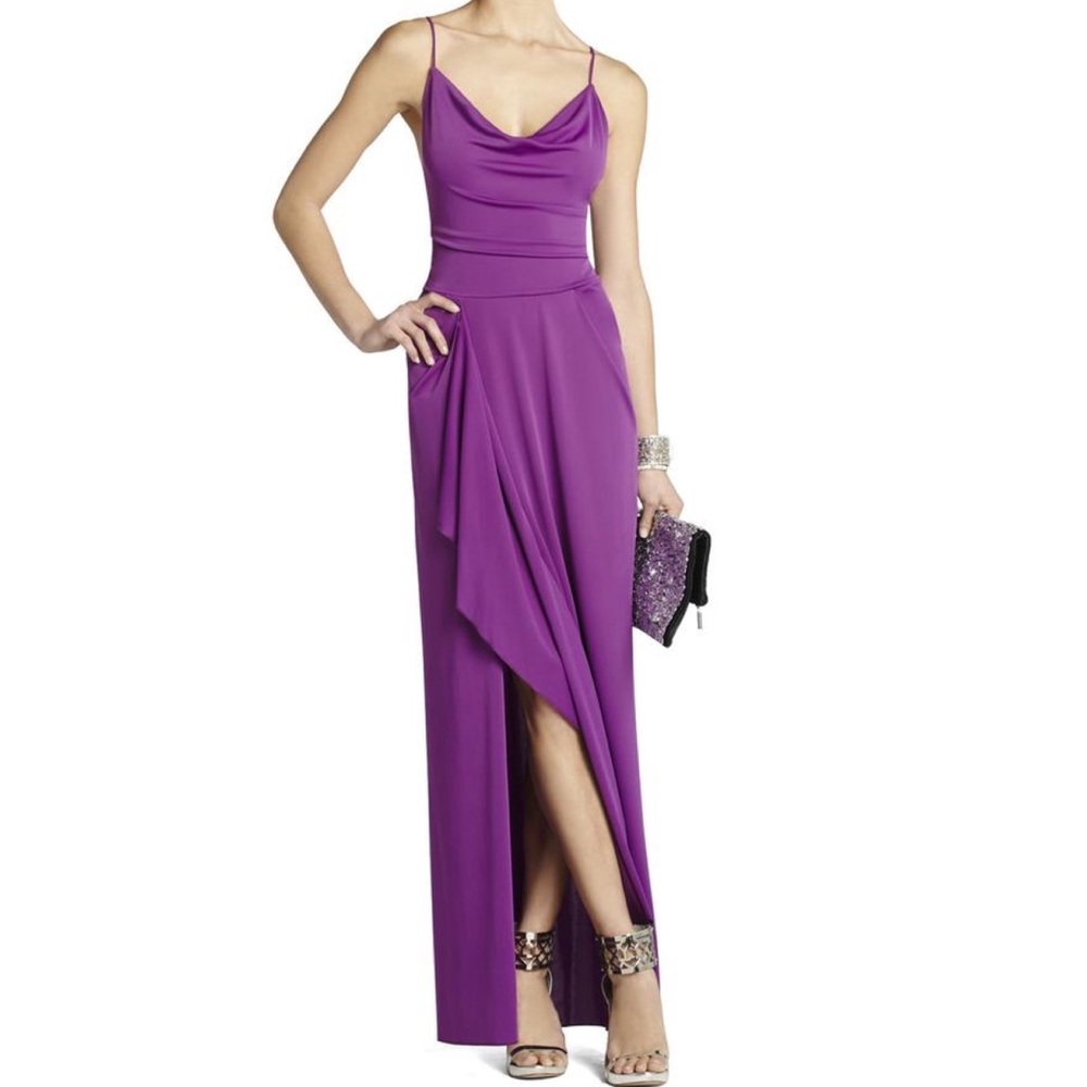 BCBG Orchid Purple Draped Strappy Maxi Formal Dress